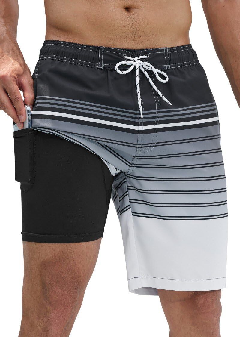 SILKWORLD Mens Swim Trunks with Compression Liner for Comfort