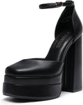 Womens Chunky Platform Square Toe Heels with Ankle Strap - 5.5in Lift