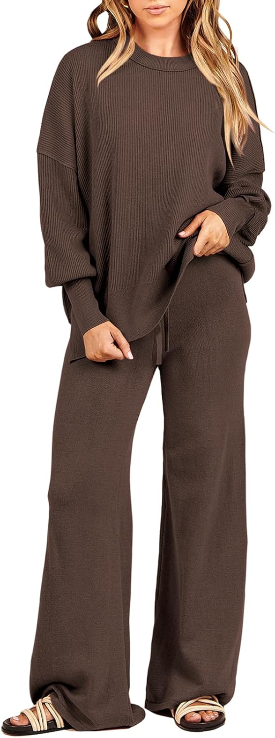 Oversized Chunky Knit Sweater and Wide Leg Pants Set for Women