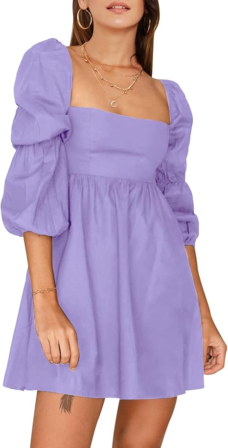 EXLURA Womens Square Neck Dress with Long Puff Sleeves