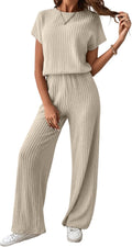 Women's Casual Ribbed Crewneck Long Romper - Comfortable Wide Leg Fit