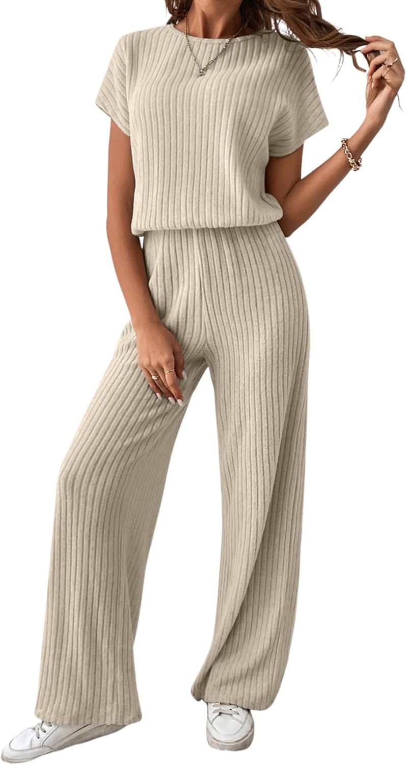 Happy Sailed Women's Casual Loose Ribbed Crewneck Jumpsuit