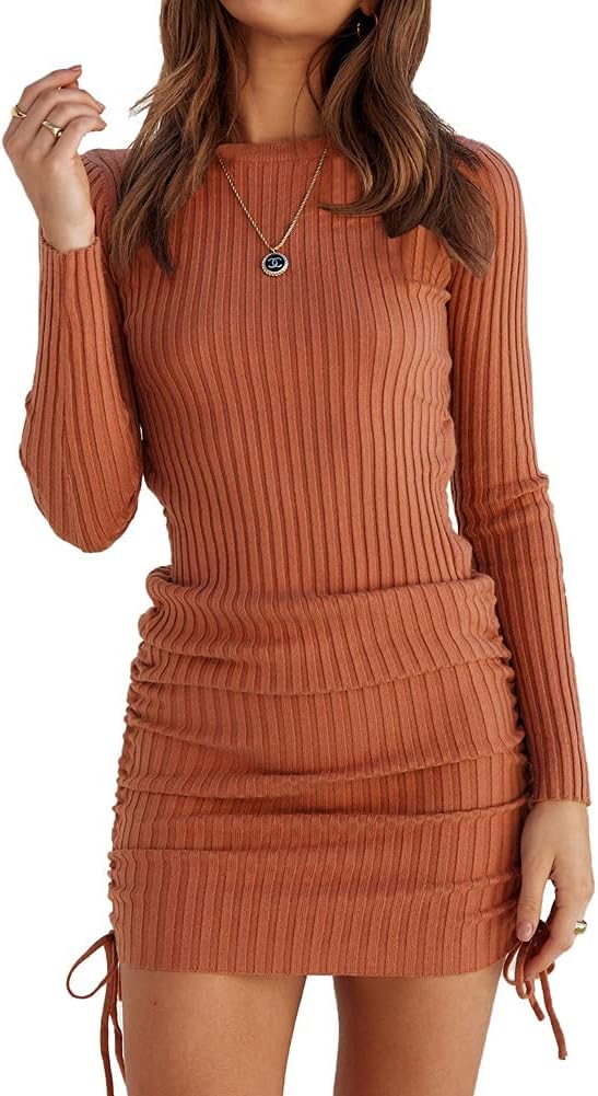 OWIN Women's Long Sleeve Bodycon Mini Dress with Drawstring
