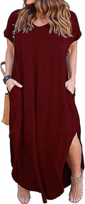 Plus Size Maxi Dress Loose Pocket Short Sleeve Slits - Comfortable Fit
