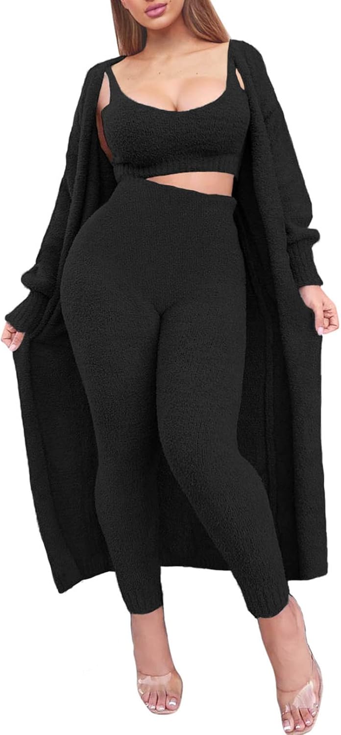Fuzzy 3 Piece Sweatsuit Set for Women - Cozy Lounge Wear
