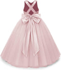 Crossed Straps Flower Girl Tulle Dress with Bow - Puffy Satin Pageant