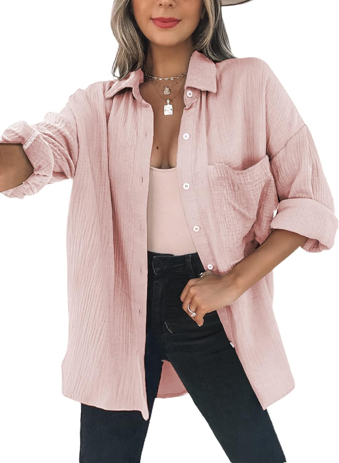 Dokotoo Womens Color Block Button Down Oversized Blouses