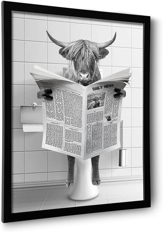 Framed Highland Cow Wall Art for Unique Bathroom Decor