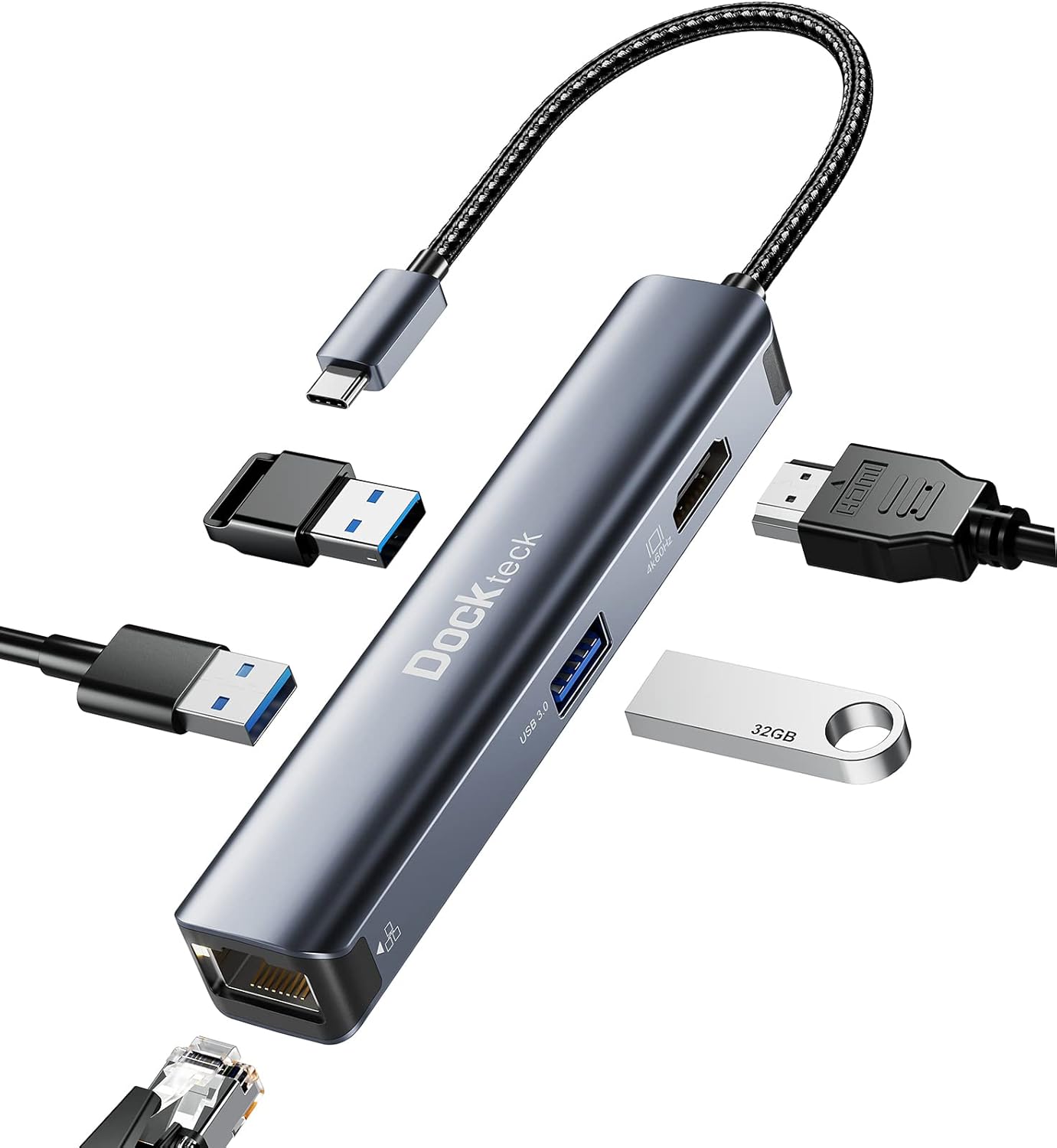 Dockteck 5-in-1 USB C Hub: 4K HDMI, 1Gbps LAN & More!