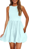 Summer Tank Mini Bubble Dress for Women - Pocketed Crew Neck