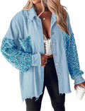 Womens Denim Jacket Sequin Patchwork Oversized Shacket - Chic