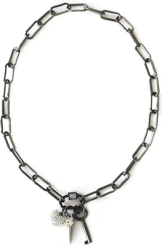 Paper Clip Chain Necklace with Rhinestone Carabiner and Charms