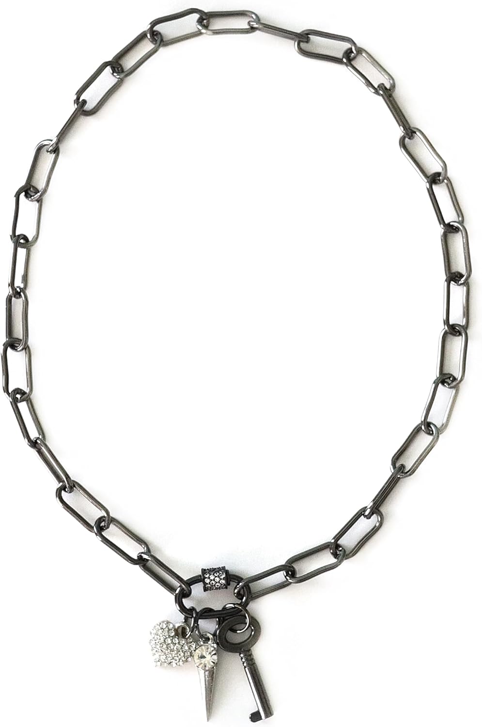Paper Clip Chain Necklace with Rhinestone Carabiner and Charms
