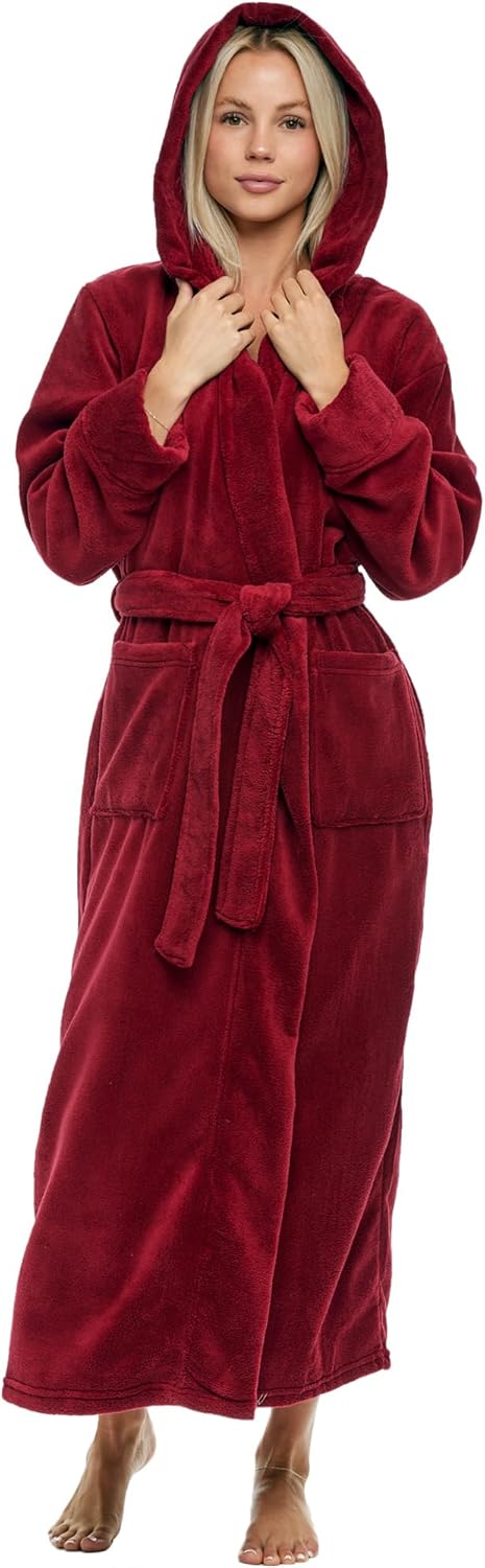 Plush Fleece Robe for Women - Long Hooded Bathrobe Comfort