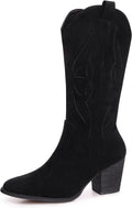 Womens Suede Cowboy Boots Mid Calf - Embroidered Pointed Toe