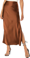Womens Satin Silk Maxi Slit Skirt with Elastic Waistband - Elegant