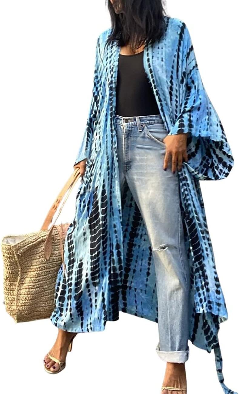 Stylish Tie Dye Open Front Long Kimono Swimsuit Cover Up