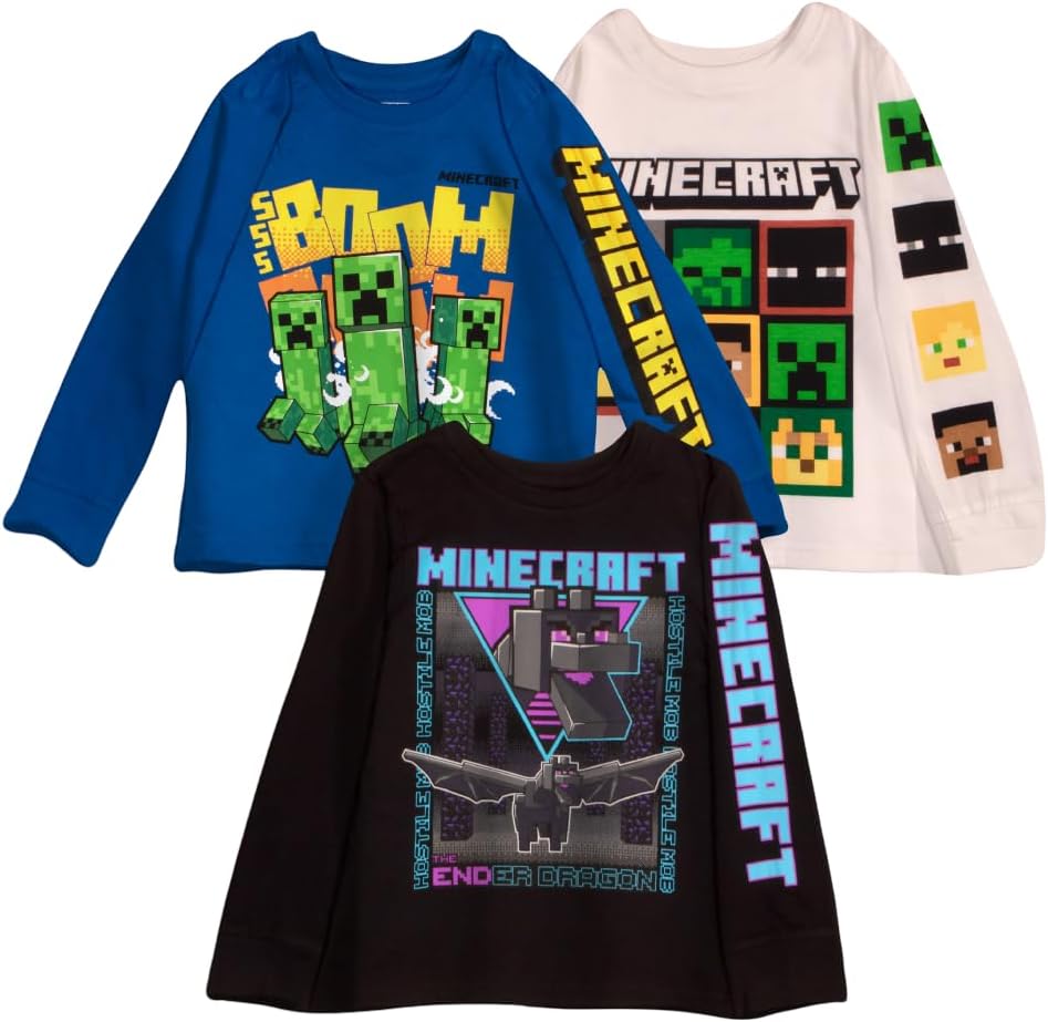 Minecraft Boy's Long Sleeve T-Shirt 3-Pack for Kids Gaming