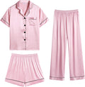 SWOMOG Womens Silk Satin Pajama Sets 3Pcs Short Sleeve Sleepwear