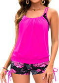 Women Pink Floral Tankini Swimsuit Two Piece Tummy Control