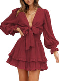 Womens Spring Summer Knot Front V Neck Ruffle Mini Dress - Flowy