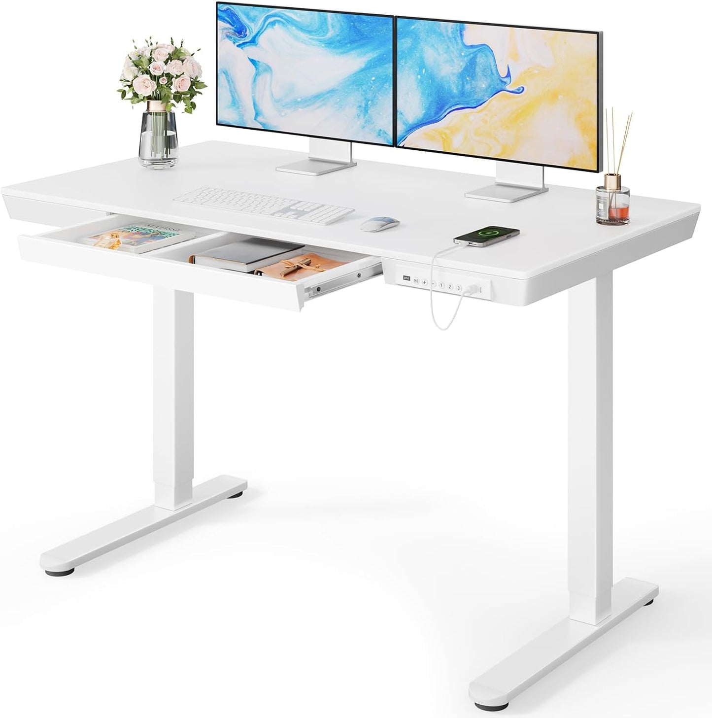 Electric Standing Desk with Drawer, Height Adjustable, USB Ports
