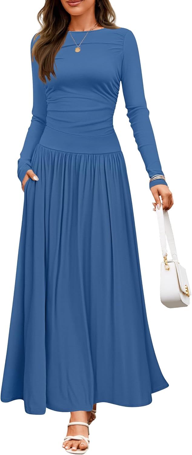 ZESICA Women's Long Sleeve Maxi Dress with Pockets for Fall