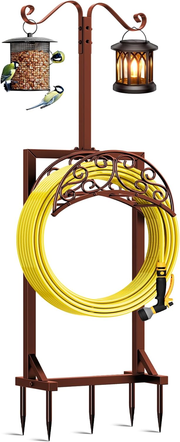 Garden Hose Holder with 5 Spikes & Shepherd Hooks for Yard