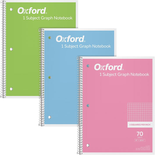 Oxford 1 Subject Pastel Graph Paper Notebook - Pack of 3 - Versatile Math, Drawing, & Engineering Grids