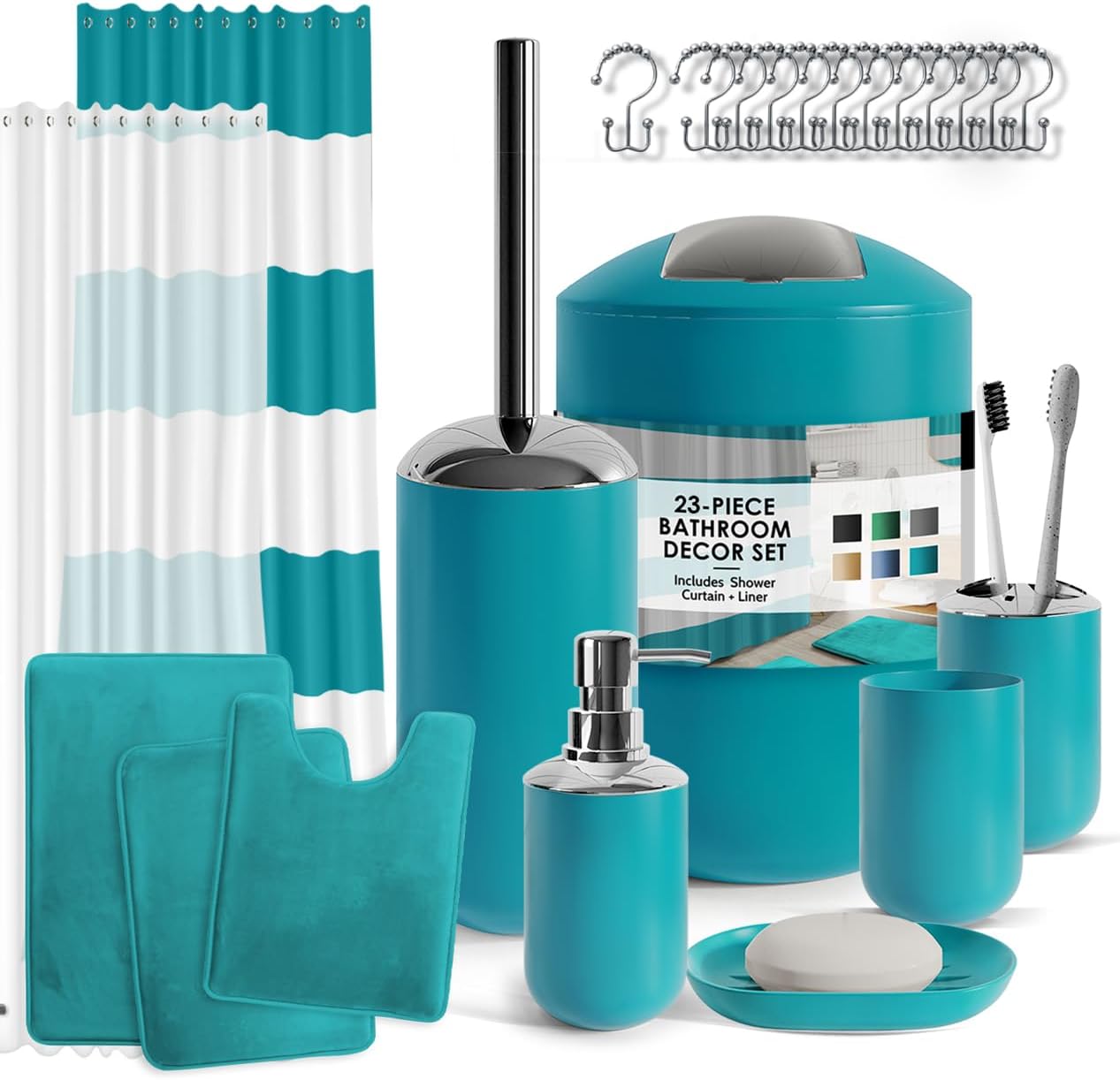 Teal Bathroom Accessories Set with Shower Curtain and Rugs