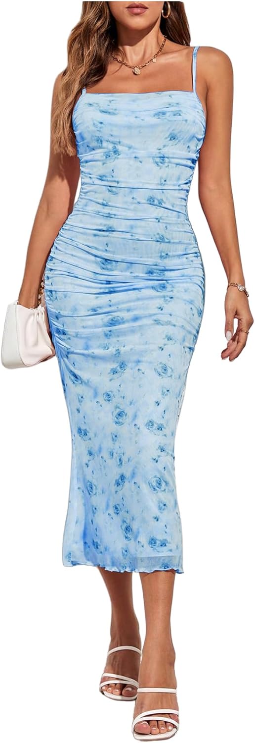 GORGLITTER Women's Floral Ruched Bodycon Midi Dress for All Occasions