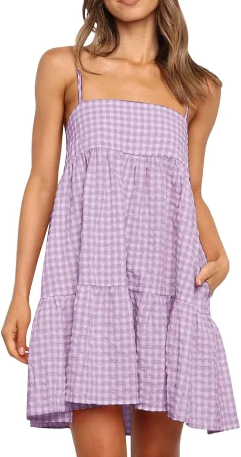 Womens Summer Plaid Mini Dress with Pockets for Casual Wear