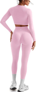 Women 2 Piece Workout Set High Waist Leggings & Long Sleeve Crop Top