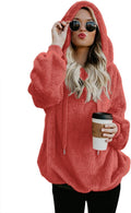 Women Fuzzy Sherpa Zip Pullover Hoodie - Cozy Oversize Fleece