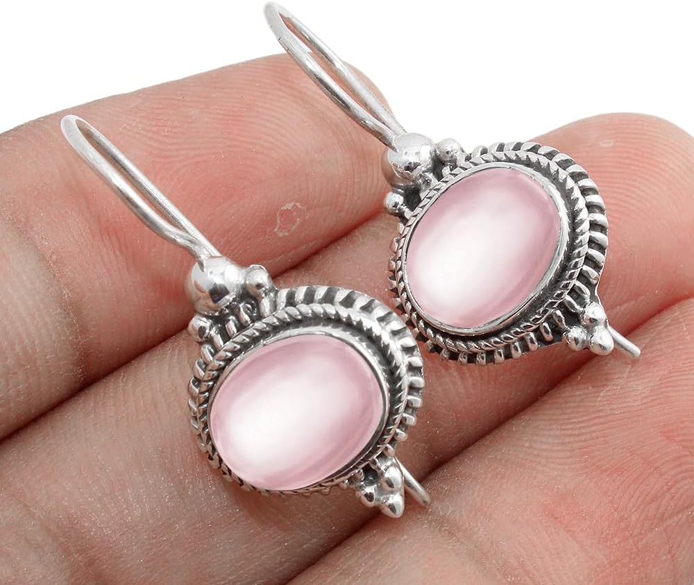 Solid 925 Sterling Silver Dangling Earrings with Rose Quartz