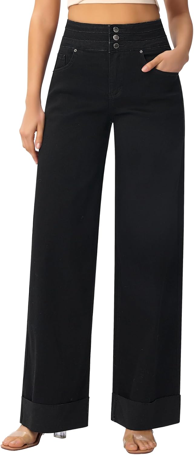 Roswear Women's High Waisted Stretchy Wide Leg Jeans for Style