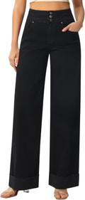 Women's High Waisted Stretchy Wide Leg Jeans - Cuffed Baggy Denim