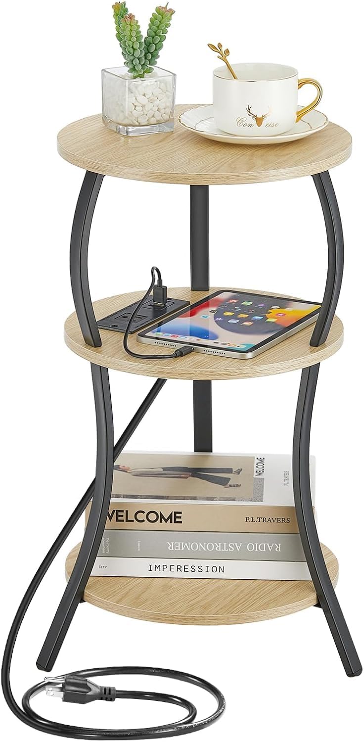 Small Round Side Table with Charging Station for Compact Spaces