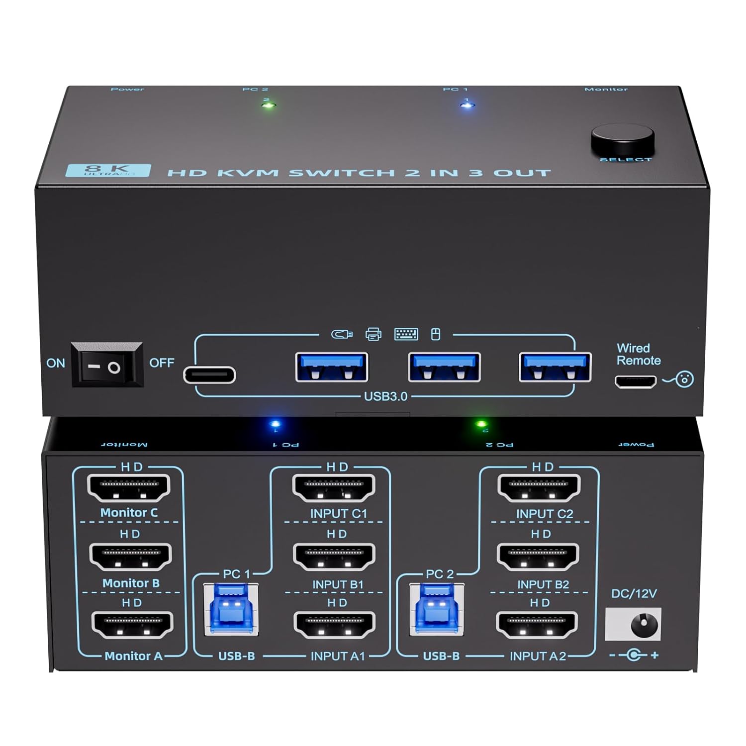 8K Triple Monitor KVM Switch for 2 Computers with USB Ports