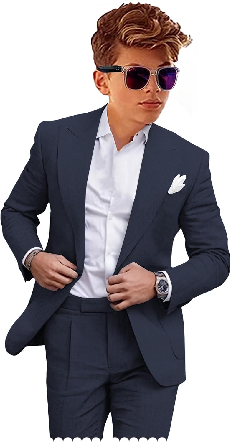 Boys Linen Suits Casual 2 Piece Summer Beach Wedding Tuxedo