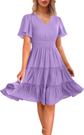 Women Sping Summer Tiered V Neck Smocked Midi Dress - Flowy Fit