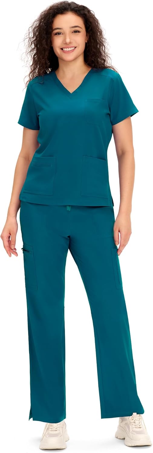 COZYFIT Scrubs for Women - V Neck Top and Cargo Pants with Pockets