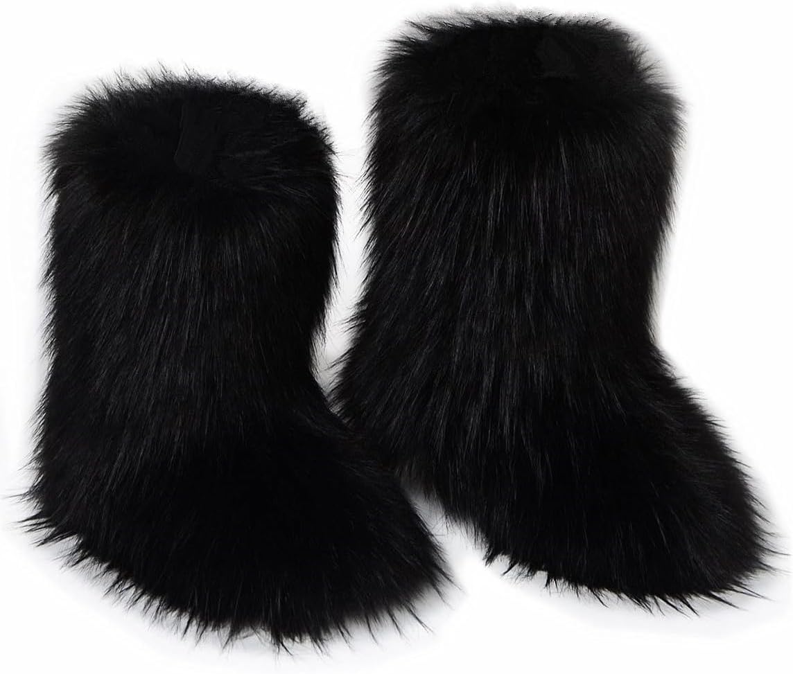 Furry Faux Fur Boots for Women - Cozy Mid Calf Snow Booties