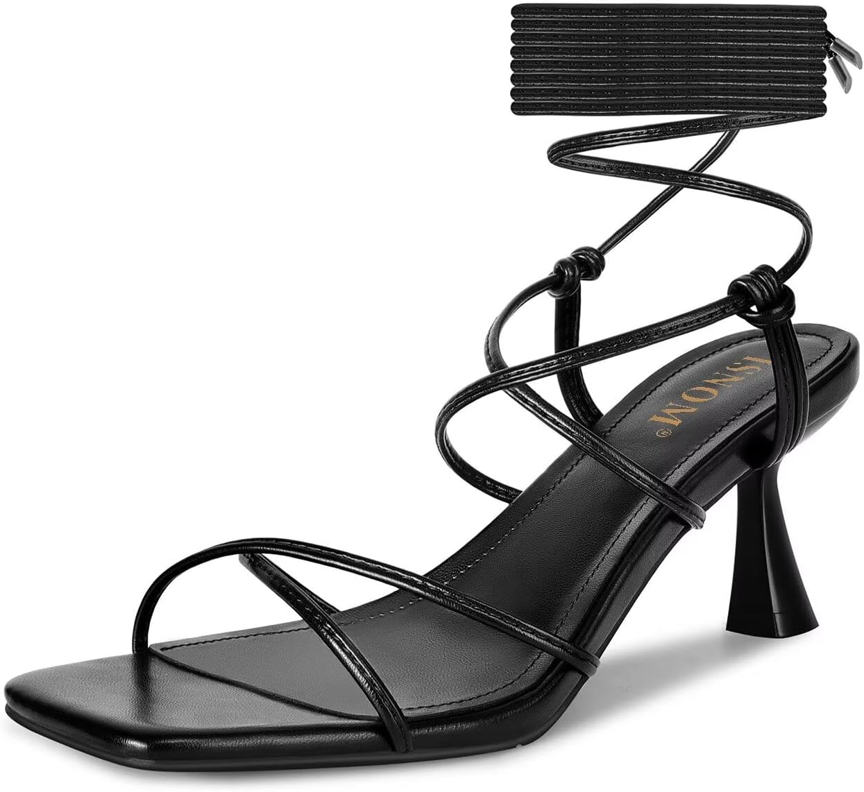 ISNOM Strappy Sandals for Women with Kitten Heels and Lace Up