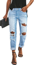 KUNMI Women's Ripped Mid Waisted Boyfriend Jeans (Style HZP5)