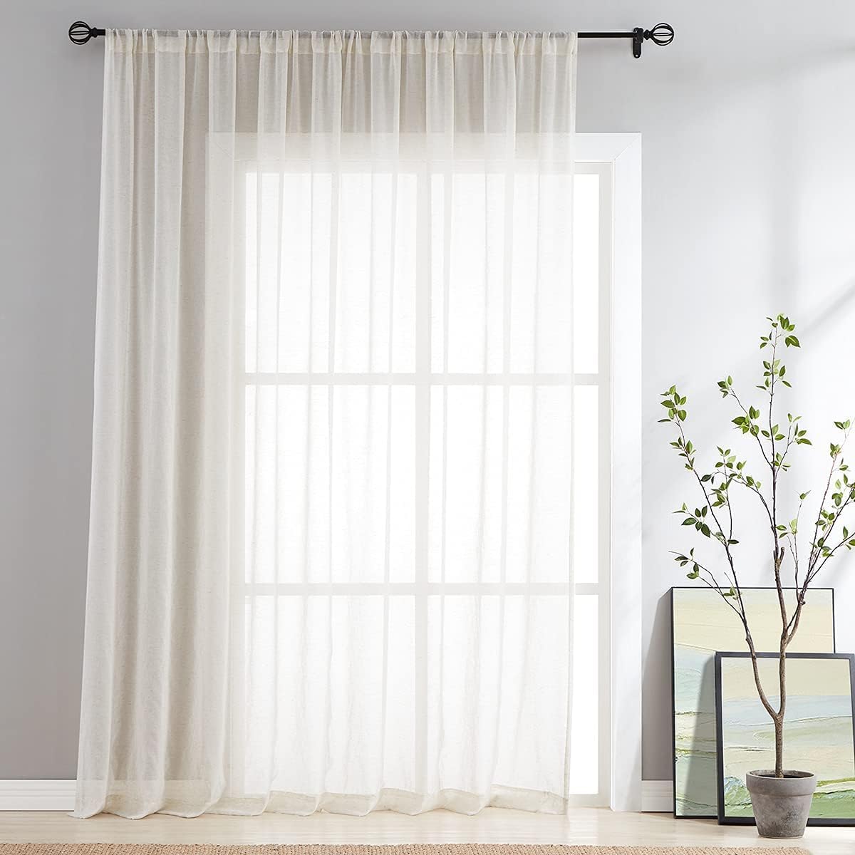 Linen Sheer Sliding Door Curtains for Bedroom and Living Room