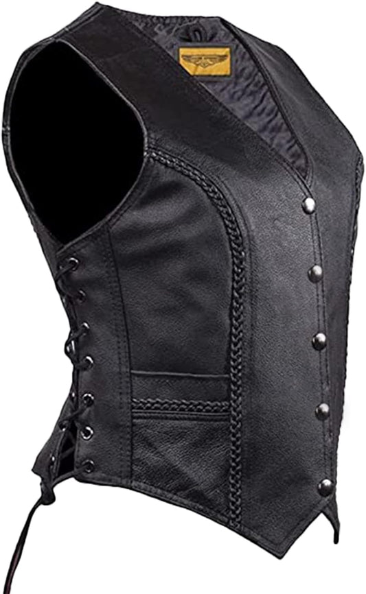 Dream Apparel Womens Black Leather Motorcycle Vest for Riding