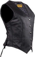 Womens Black Leather Motorcycle Vest with Concealed Carry Pockets