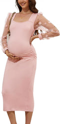Floral Mesh Bishop Long Sleeve Maternity Midi Dress - Elegant Baby