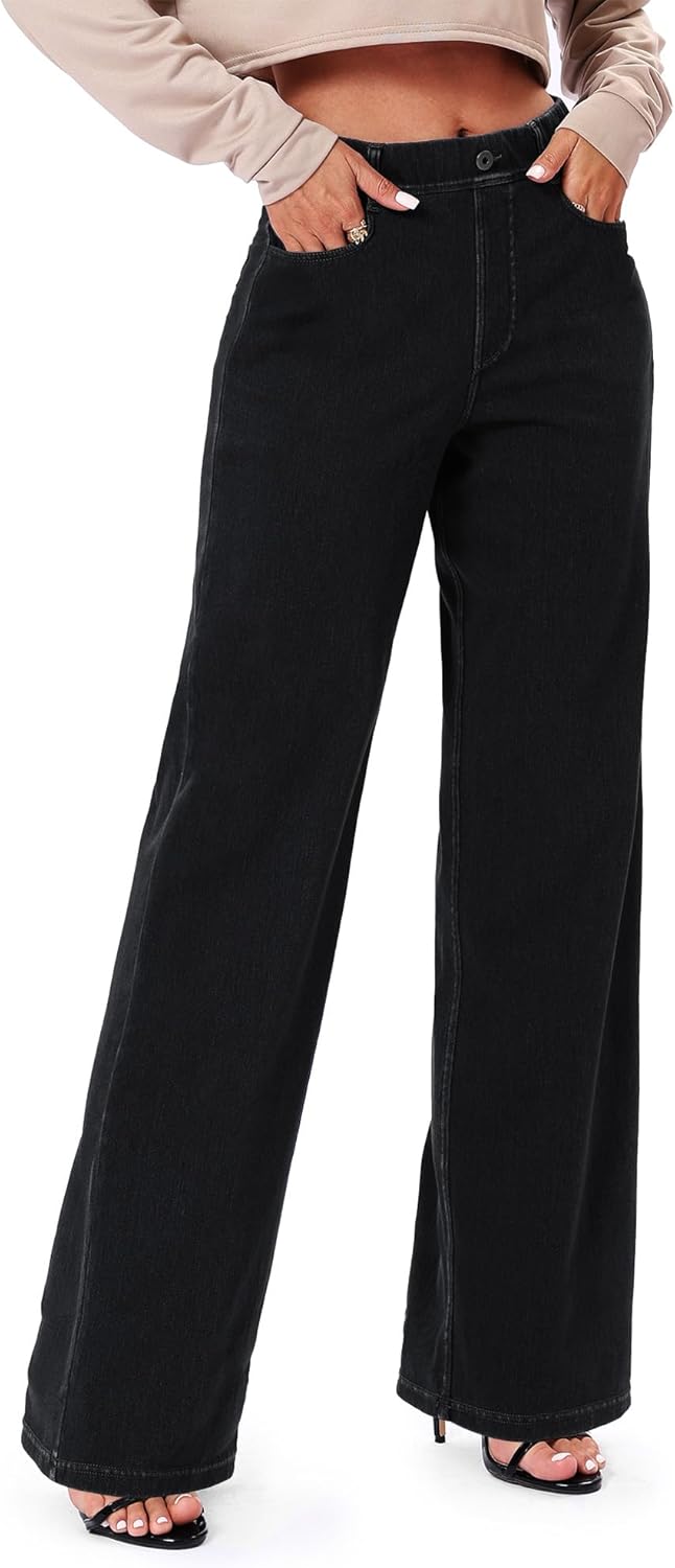 Pull On Jeans for Women Wide Leg High Waisted Stretch Denim